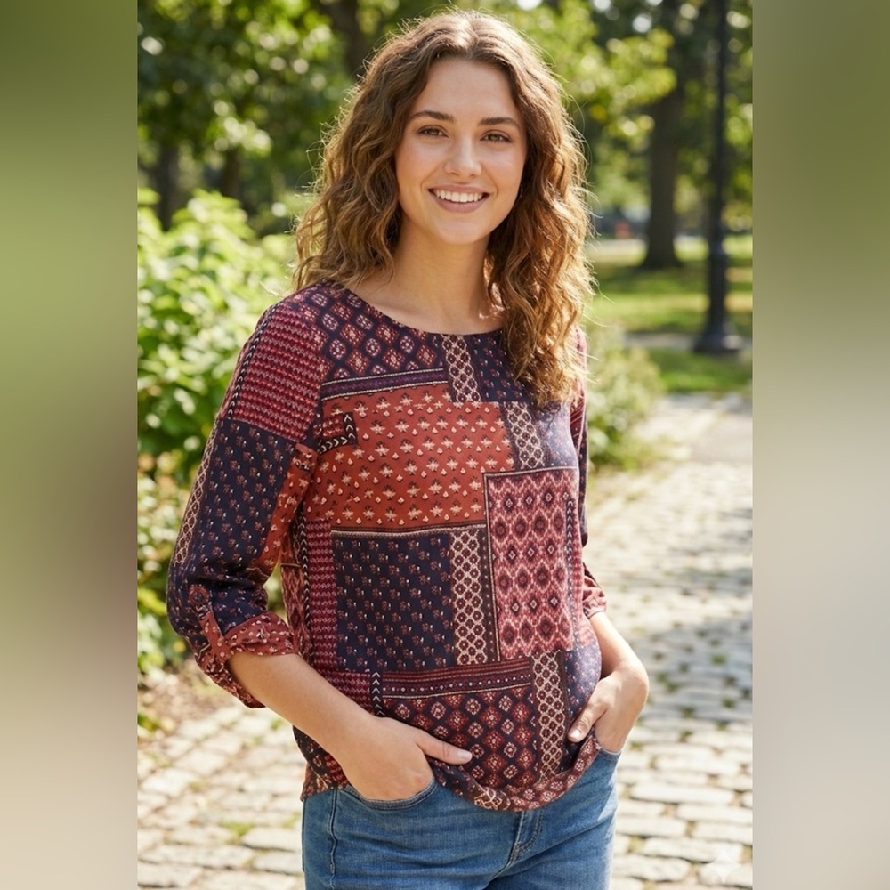 Rebecca Malone‎ red quill pattern blouse size S Y2K